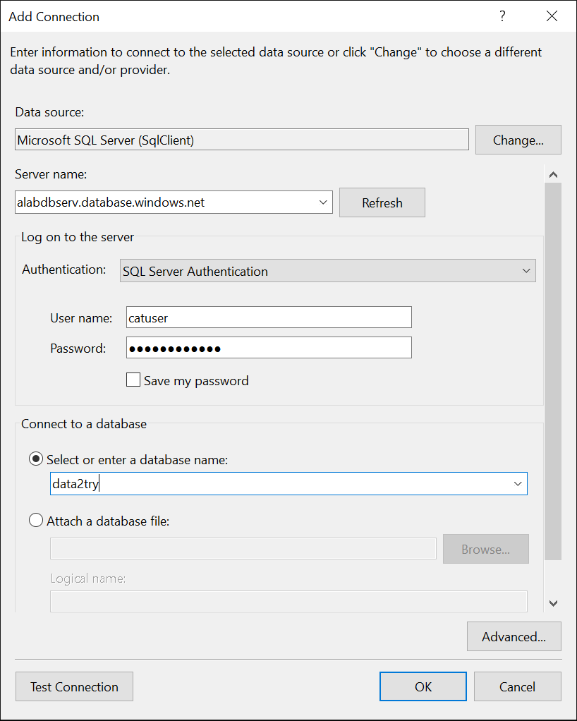 Logon to Server dialog in Visual Studio